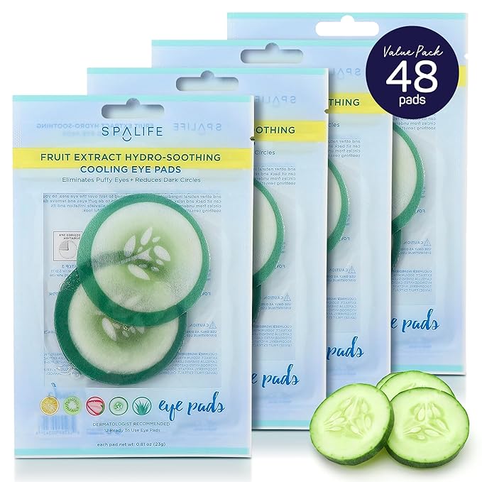 SpaLife Cooling Cucumber Eye Pads | Korean Dark Circles & Puffy Eyes Treatment | Nourishing Cucumber Eye Pads | Eye Mask for Puffy Eyes Daily Depuffing Eye Patches | 4 Packs of 12