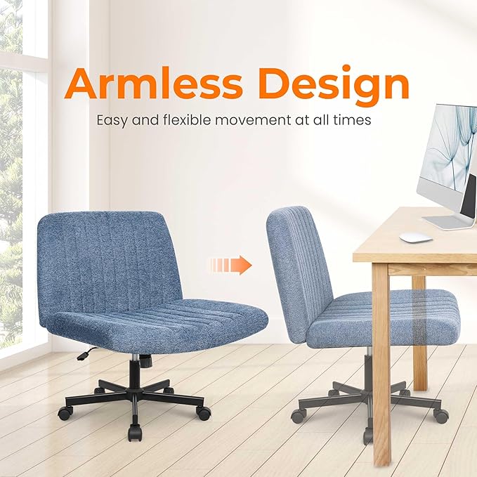 NEO Chair Criss Cross Chair with Wheels Home Office Cross Legged Armless Chairs Ergonomic Adjustable Computer Desk Task Wide Seat for Bedroom Vanity Comfy Swivel (Blue)