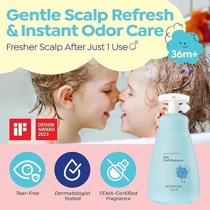 GOONGBE Kids Fresh Shampoo – Oily Scalp Deep Cleanse for Active Kids – Micellar Purifying with Moringa Extract – Silicone-Free Low pH, Allergen-Free, Korean K-Beauty Scalp Care, 10.1oz