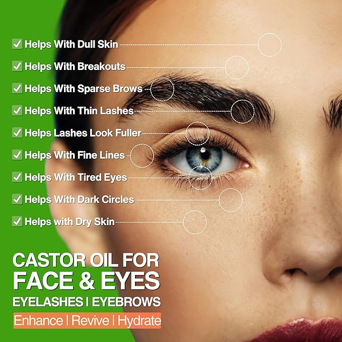 Organic Castor Oil For Face Moisturizer, Eyes, Eyelashes, Eyebrows, Wrinkles with Jojoba, Rosehip, Grapeseed, Squalane, Palmarosa, Bergamot and Vitamin E for Gentle Skin, Men & Women 1oz