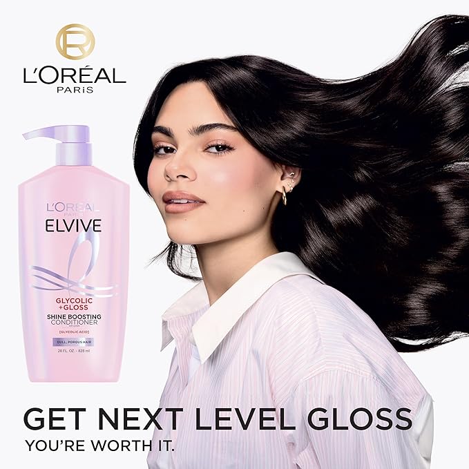 L'Oreal Paris Elvive Glycolic + Gloss Shine Boosting Conditioner, Cleanses and Smooths Dull, Porous Hair Into High-Shine, Glossy Hair, 28 Fl Oz