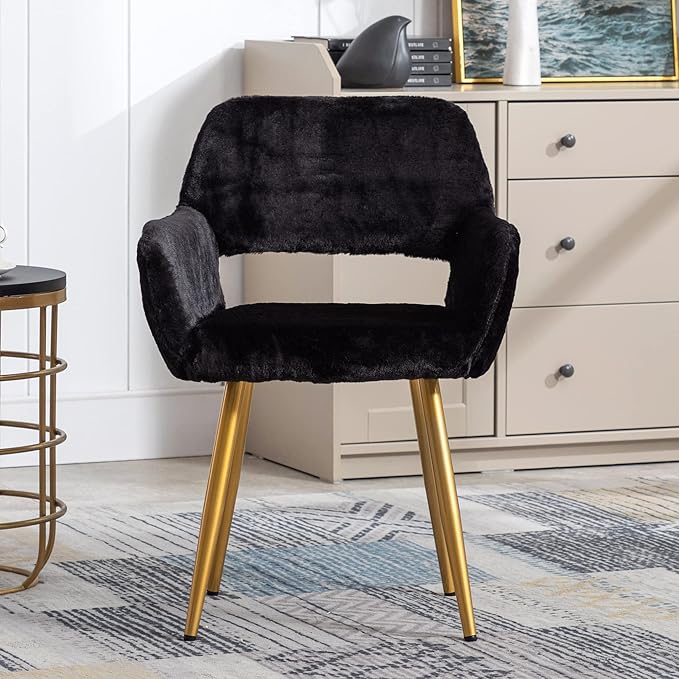 KCC Furry Desk Chair Set of 2, Mid-Century Modern Accent Faux Fur Chair for Teen Girls, Comfy Armchair with Wood Look Metal Legs for Living Dining Room, Home Vanity Makeup Office Desk Chairs No Wheel