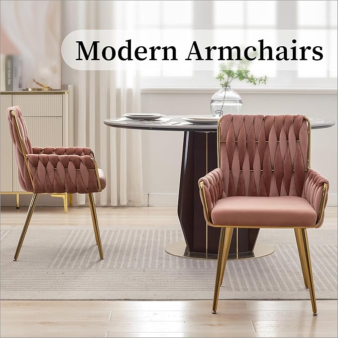 Westice Home Office Desk Chair, Upholstered Hand Weaving Desk Chairs with Golden Metal Legs & Armrest, Modern Accent Chairs for Living Room, Vanity Makeup Room, Rose Red