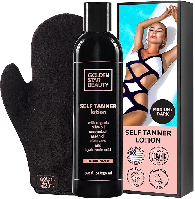 Organic Self Tanning Lotion for Natural Looking Tan-Fake Tan-Best Sunless Tanning Lotion for Bronze Skin-Best Self Tanners for Face and Body-with Tanning Mitt