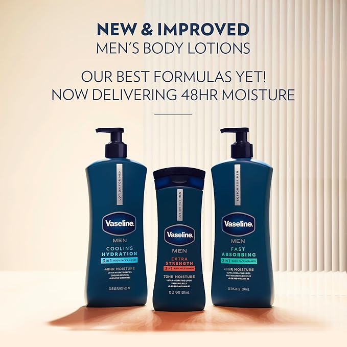 Vaseline Men's Healing Moisture Hand & Body Lotion For Dry or Cracked Skin Fast Absorbing Non-Greasy Lotion for Men 20.3 oz, Pack of 3