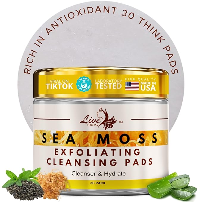 Seamoss Cleansing Pads for Acne Treatment - Gentle Exfoliation, Natural with Aloe Vera, Salicylic Acid - Acne Clearing, Skin Pore Resurfacing, Toner Pads, Hydrating, Peel Pads - 30 Pack