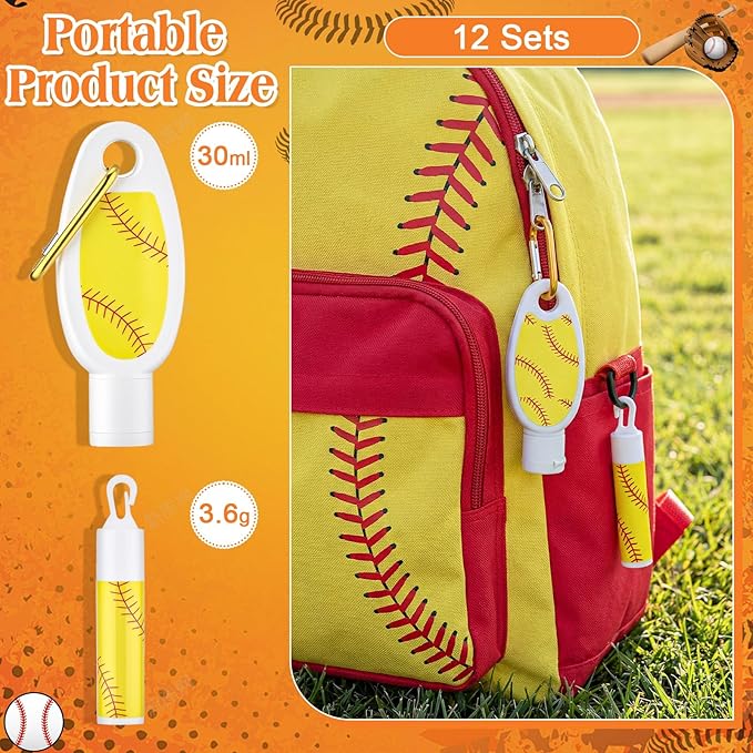 Demissle 12 Sets Softball Party Favors Mini Sunscreen and Sunscreen Lip Balms Bulk Spf 30 Travel Size 1oz Lotion with Carabiner Clip-on Lip Balms Packets for Team Women Birthday Gifts(Softball)