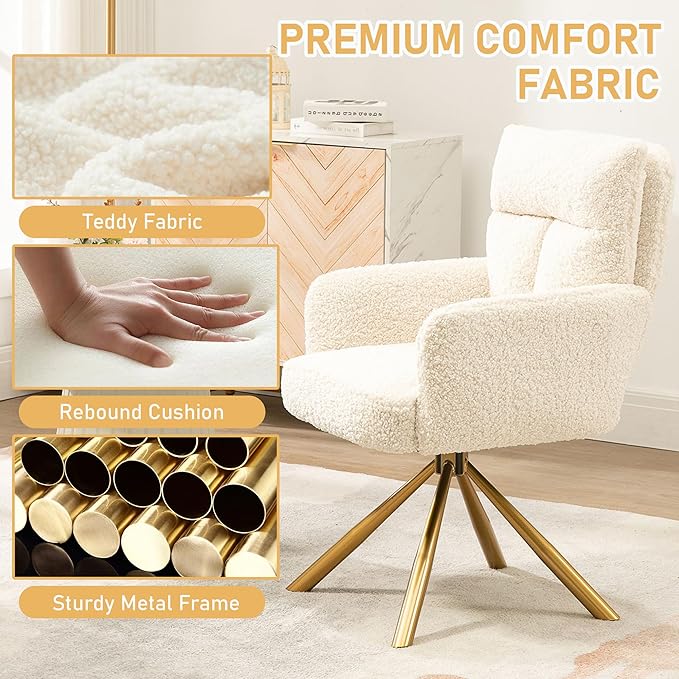 Kiztir Vanity Chair No Wheels Upholstered Teddy Vanity Chair with Back Gold Metal Criss Cross Home Office Desk Chair Boucle Accent Chair Modern Reading Chair Armchair for Living Room, Bedroom (Beige)