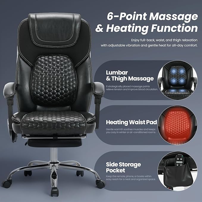 Massage Office Chair with 3-Level Heat and Footrest – 20-Min Easy Assembly, 300 lbs Big and Tall Desk Chair, PU Leather Ergonomic Executive Computer Chair with Side Pocket, Black,Set of 2