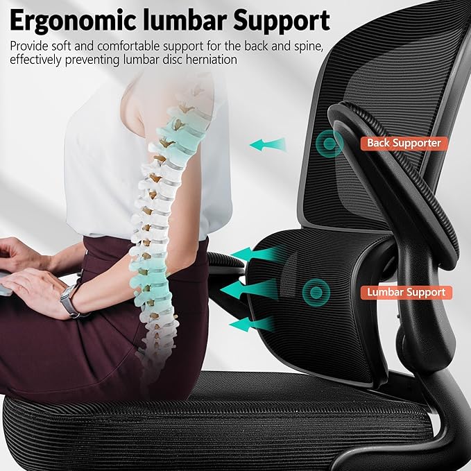 Office Chair Ergonomic Desk Chair, Breathable Mesh Comfy Chair with Lumbar Support, Computer Chair, Home Desk Chair with Flip-up Armrests, Gaming Chair for Adults Home Office (Black,10Pack)