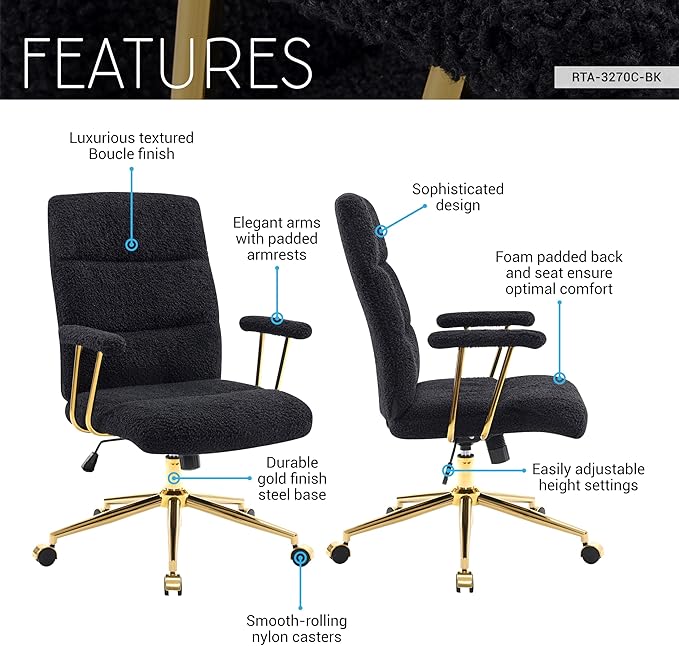 Elegant Black and Gold Office Chair with Textured Boucle Fabric, Modern Desk Chair with Padded Seat, Height Adjustable with Durable Gold Base