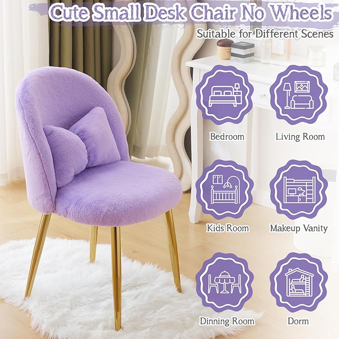 VINGLI Fluffy Girls Vanity Chair with Back & Pillow,Cute Small Cozy Desk Chair No Wheels,Comfy Makeup Ch with Ajustable Gold Legs,for Bedroom,Living Room,Small Space,Purple