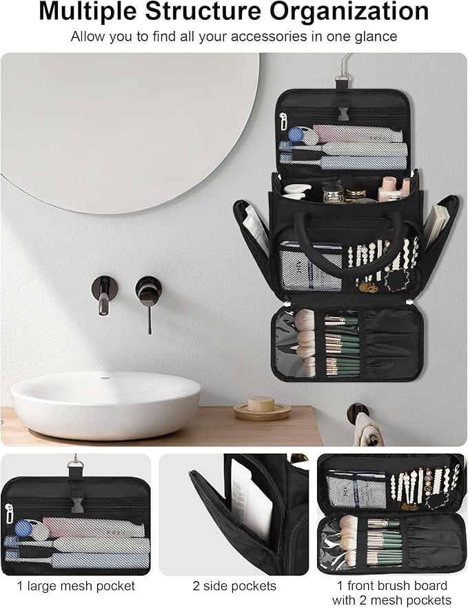 Hanging Toiletry Bag for Women - Travel Makeup Organizer with Brush Compartment, Portable Toiletry Bag with Removable Dividers for Full-size Container, Lightweight Cosmetic Case for Trip - Black