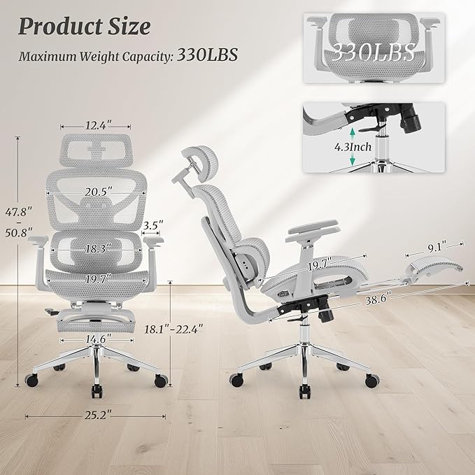 Ergonomic Office Chair with Footrest - 5-Level Adjustable Lumbar Support & 90-135°Recline, 3D Headrest & 4D Armrests, Breathable Mesh Seat Computer Chair for Home Office, Gaming, Light Grey