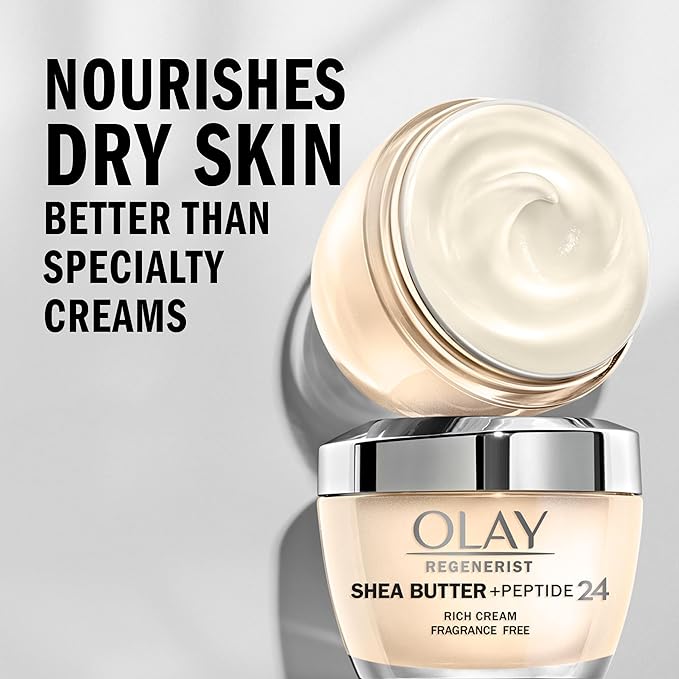 Olay Regenerist Shea Butter + Peptide 24 Rich Cream Face Moisturizer, Fragrance Free, 1.7 oz (48g)