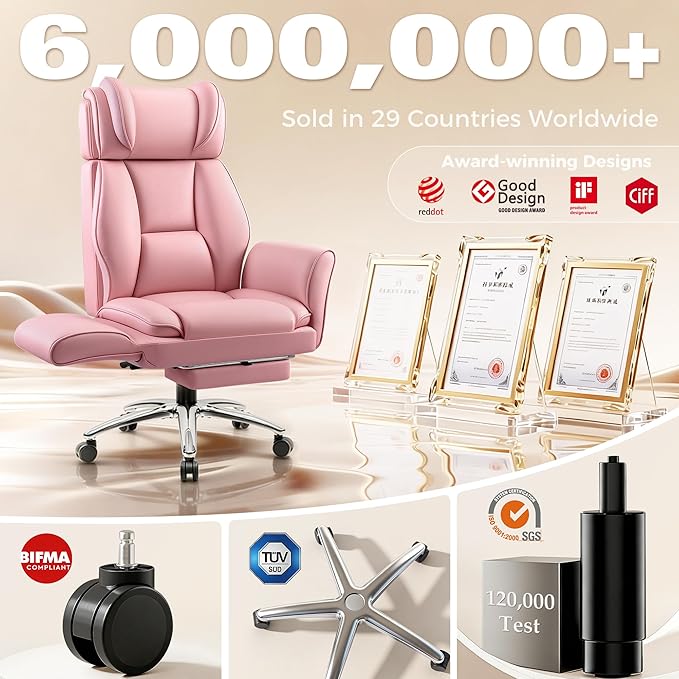 Big and Tall Office Chair, Flip Armrests for Pets & Cross Legged Sitting, Ergonomic Leather Executive Desk Chair with Foot Rest, High-Back Reclining Computer Chairs for Office Home Game - Pink