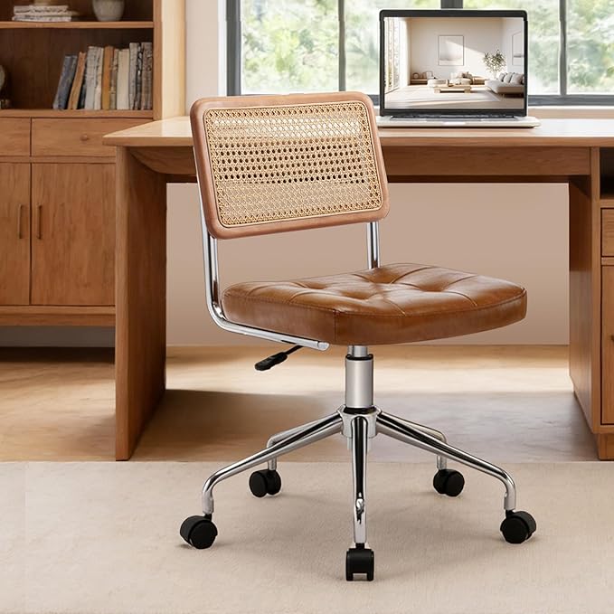Zesthouse Leather Office Desk Chair with Wheels, Mid Century Rolling Desk Chair with Natural Rattan Back, Modern Swivel Home Office Chair, Small Height Adjustable Computer Task Chair, Brown