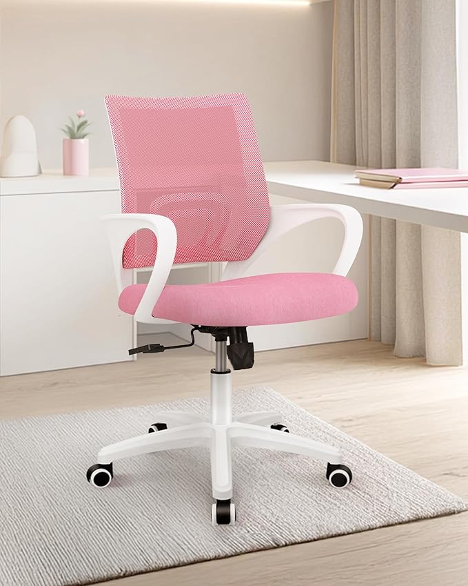 NEO CHAIR Office Desk Computer Chair Ergonomic Mesh Gaming Mid Back Seat with Comfy Lumbar Support Adjustable Height Swivel for Home Task (Pink)