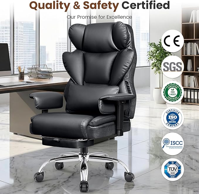 Big and Tall Office Chair - Heavy Duty 400 LBS Executive Chair with Foot Rest, High Back Ergonomic Desk Chair, Padded Wide Seat Gaming Chair, Adjustable Armrests, Black 2 Pack