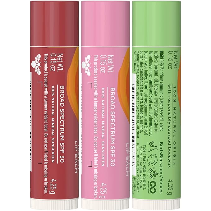Burt's Bees Easter Basket Stuffers, Lip Balm, Pink Grapefruit, Mango, Coconut & Pear, and Pomegranate Pack, Lip Moisturizer With Beeswax, Natural Origin Conditioning Treatment, 4 Tubes, 0.15 oz.