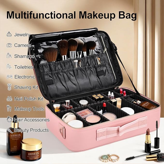 Large Travel Makeup Case, Professional Makeup Train Case Organizer for Women, Cosmetic Brush Bag Holder Waterproof Makeup Artist Storage Box with Adjustable Dividers and Shoulder Strap, Leather Pink