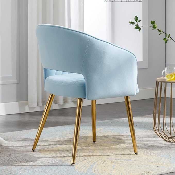 Home Office Chair Velvet Desk Chair Accent Armchair Upholstered Modern Tufted Chairs with Gold Legs for Girls Women Ergonomic Study Seat Computer Task Stools for Living Room(Blue)