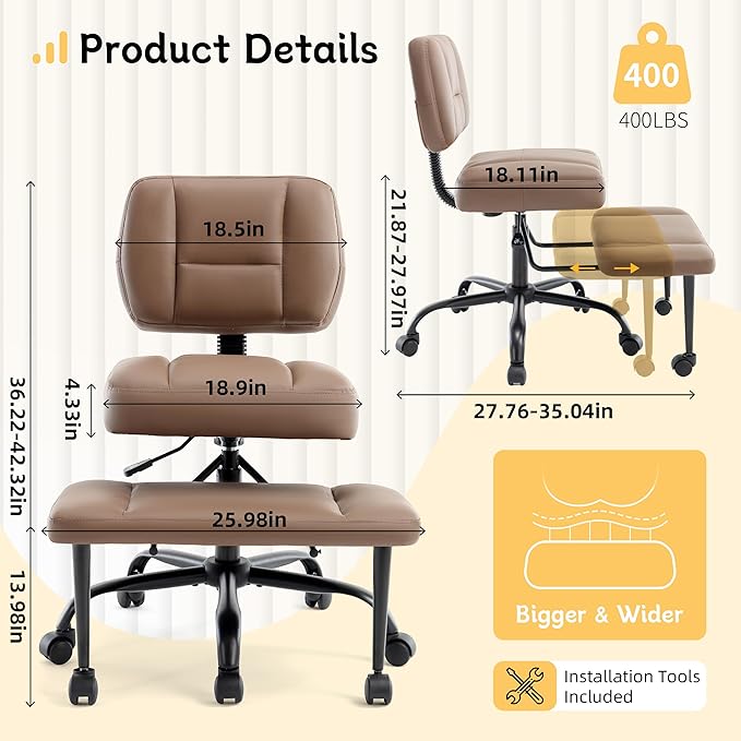 Criss Cross Legged Office Chair with Wheels,Swivel Meditation Chair for ADHD,Ergonomic Cross Legged Desk Chair with Thicken Adjustable Footstool,PU Sitting Fidgeting Kneeling Chair for Home Yoga Brown
