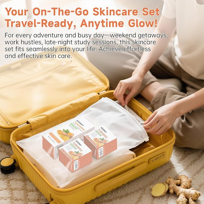 3PCS Turmeric Soap & Serum Set - Turmeric Face Serum + 2 Turmeric Soap Bars with Vitamin C & E - Deep Cleanses Pores, Reduces Acne, Controls Oil, Soothes Skin - Hydrating Facial Kit for All Skins
