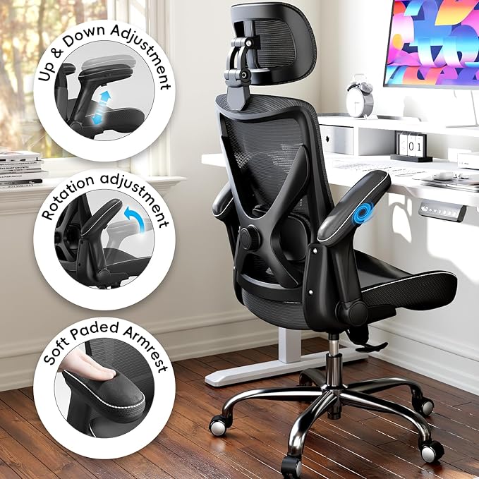 Ergonomic Office Chair-Computer X-Shaped Chair Mesh PU Leather with Adjustable Lumbar Support-Executive Desk Chair High Back with Headrest Flip-Up Arms for Long Hours (Black)