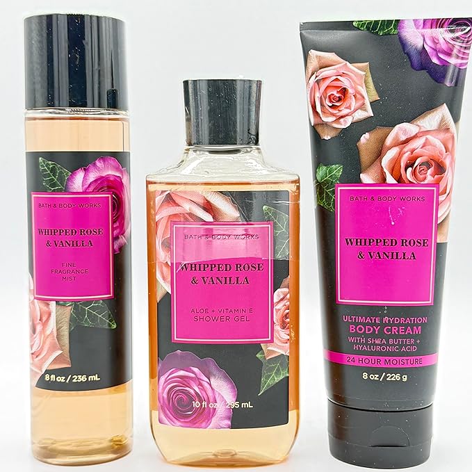 Bath & Body Works Whipped Rose & Vanilla 3-Piece Gift Set | Includes: Fine Fragrance Mist, Body Wash and Ultimate Hydration Body Cream