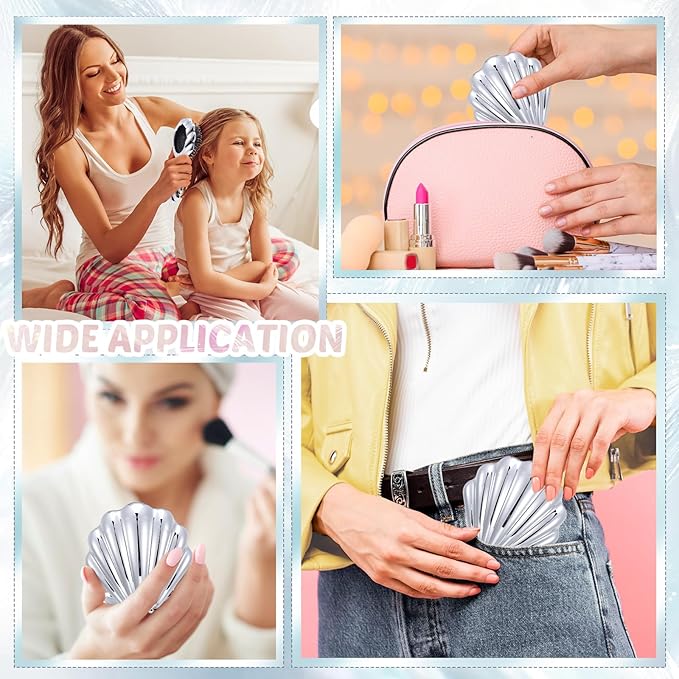 Meanplan 12 Pcs Mermaid Party Favors Shell Hair Brush with Mirror Foldable Mini Travel Pocket Hair Brush Compact Makeup Comb for Women Girls Valentines Day Birthday Gifts(Silver)