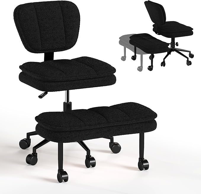 AODAILIHB Ergonomic Cross Legged Office Chair with Pull-Out Stool, 360° Swivel Teddy Fabric Meditation Chair with Wheels, Height Adjustable Kneeling Chair with Lumbar Support for Home Office, Black
