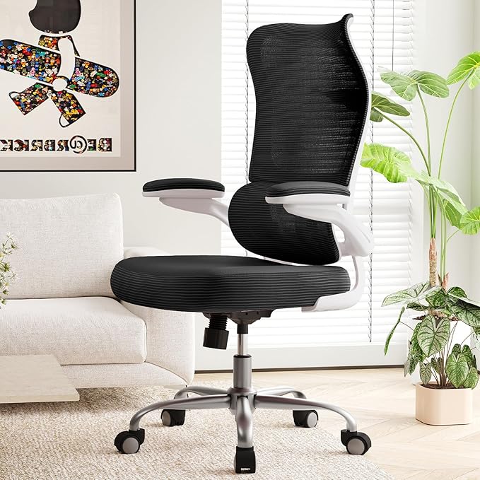 TRALT Ergonomic Office Chair - Desk Chair with Wave High Back Adjustable Lumbar Support Computer Chair - Gaming Chairs Mesh Backrest and PU Leather Seat for Home Reading Chairs to Adults (Black White)