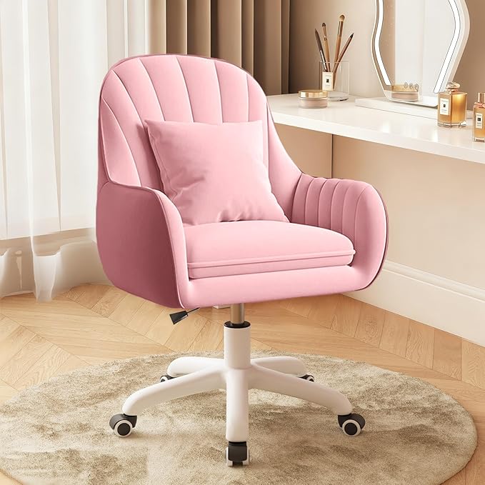 Cute Home Office Chair Velvet Upholstered Desk Chairs with Mid Back Swivel Adjustable Makeup Vanity Computer Chair with Wheels,Pink