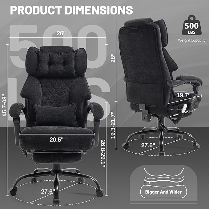 Office Chair with Foot Rest,3D Kneading Massage & Heat Executive Office Chairs for Heavy People,500LBS Big and Tall Office Chair,Ergonomic Reclining Desk Chair,Dual-Use Pillow,Home Office,BlackCloth