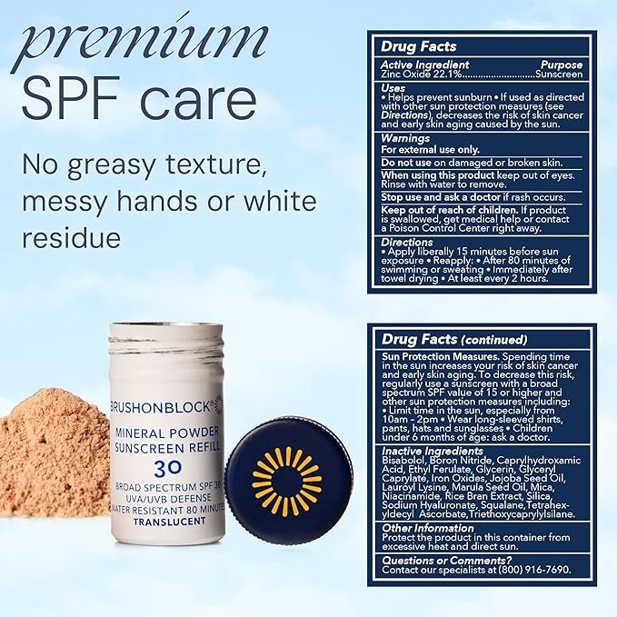 Brush On Block Mineral Sunscreen Powder Refill, Natural Broad-Spectrum SPF 30, Safe for Sensitive Skin, UVA UVB Face Protection, Reef Friendly (Translucent - Refill)