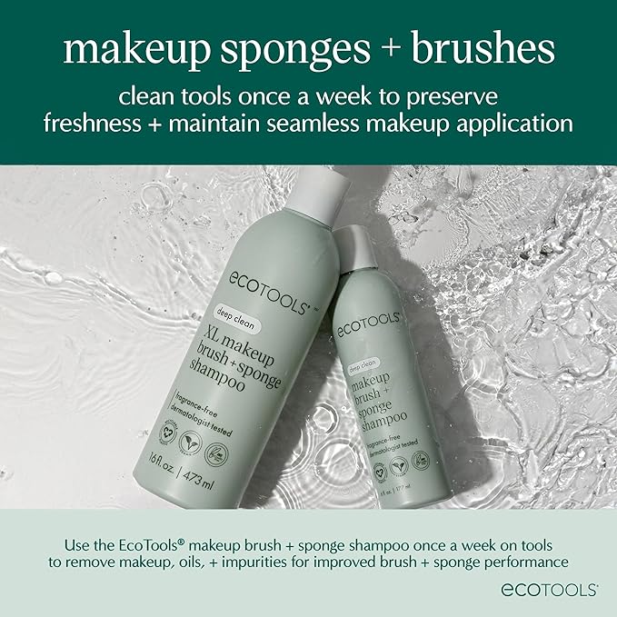 EcoTools XL Makeup Brush Sponge Shampoo, Removes Dirt, & Impurities From Makeup Brushes & Blending Sponges, Fragrance-Free, Vegan,&Cruelty-Free 16 fl. oz./473 ml, Clear(Pack of 2)
