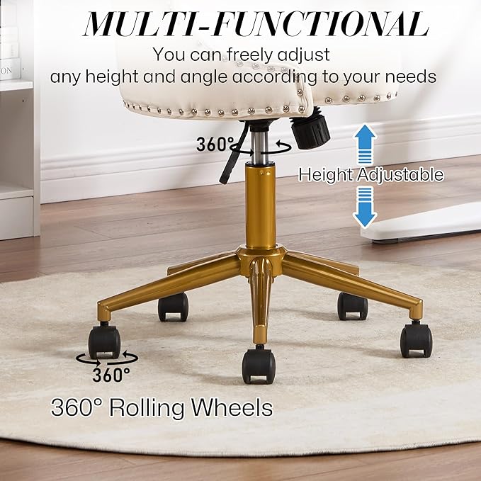 Velvet Armless Home Office Desk Chair, Swivel Height-Adjustable Small Cute Vanity Chair for Women/Girls, Comfy Makeup Chair with Rivet and Gold Base for Living Room, Bedroom(Beige)
