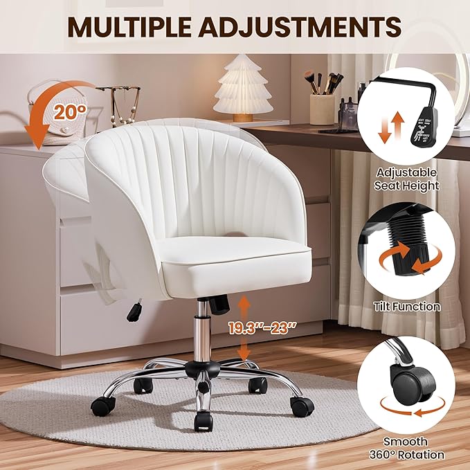 Yaheetech Home Office Chair, Faux Leather Desk Chair, Modern Swivel Chair with Tufted Barrel Back, Rolling Wheels for Office,Study, Vanity, Bedroom White