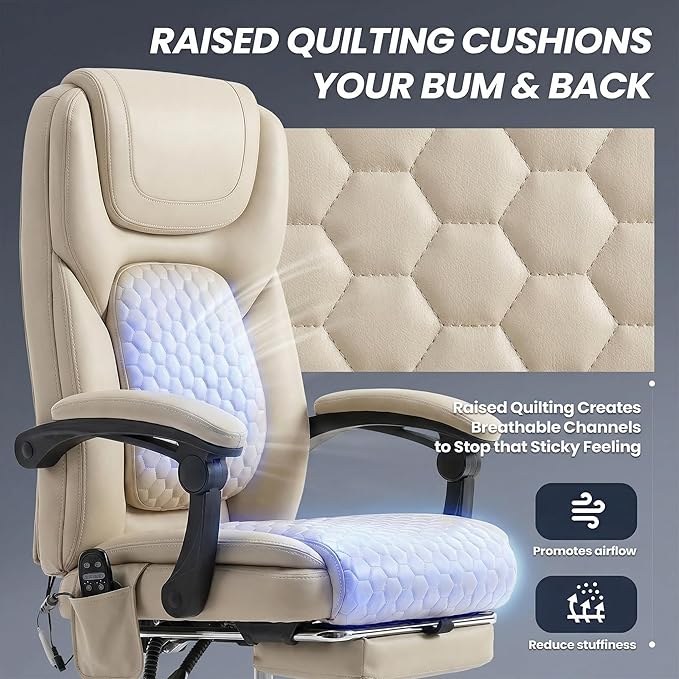 Massage Office Chair with 3-Level Heat and Footrest – 20-Min Easy Assembly, 300 lbs Big and Tall Reclining Desk Chair, PU Leather Ergonomic Executive Computer Chair with Side Pocket, Beige