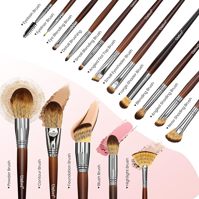 15-Pcs Tri-Color Layered Bristles Makeup Brush Set with Ergonomic Wood Handle- Daily Essential Cosmetic Brushes Kit for Professional Foundation, Concealer, Eyeshadow, Powder Blush