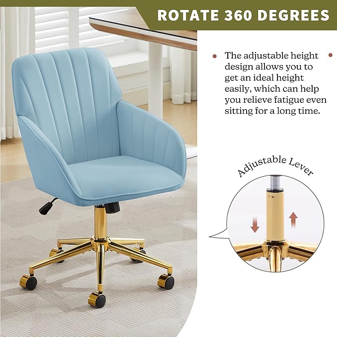 Velvet Home Office Desk Chair, Modern Cute Computer Task Chair with Back, Height Adjustable Upholstered Vanity Chair with Swivel Wheels for Women, Girls (Gold Base, Light Blue