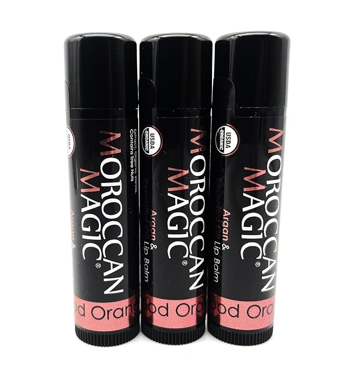Moroccan Magic Organic Blood Orange Lip Balm 3 Pack | Ultra-Hydrating Argan & Essential Oil Lip Moisturizer + Vitamin E | Natural Chap Stick for Dry Lips | Smooth, Non-Toxic | Organic Lip Balm