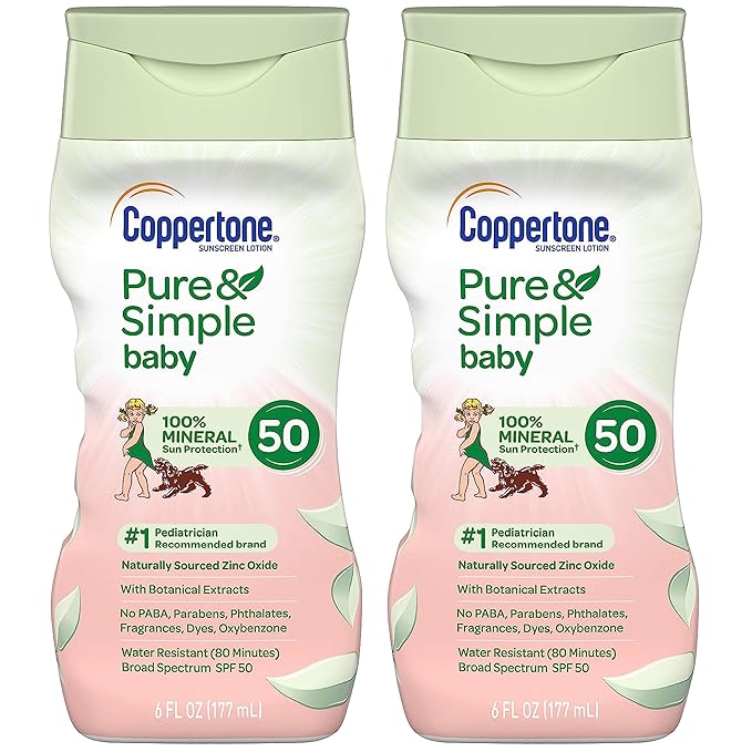 Coppertone Pure Simple Baby Tear Free MineralBased Sunscreen Lotion Broad Spectrum SPF 50, 6 Fluid Ounce (Pack of 2), 12 Fl Oz