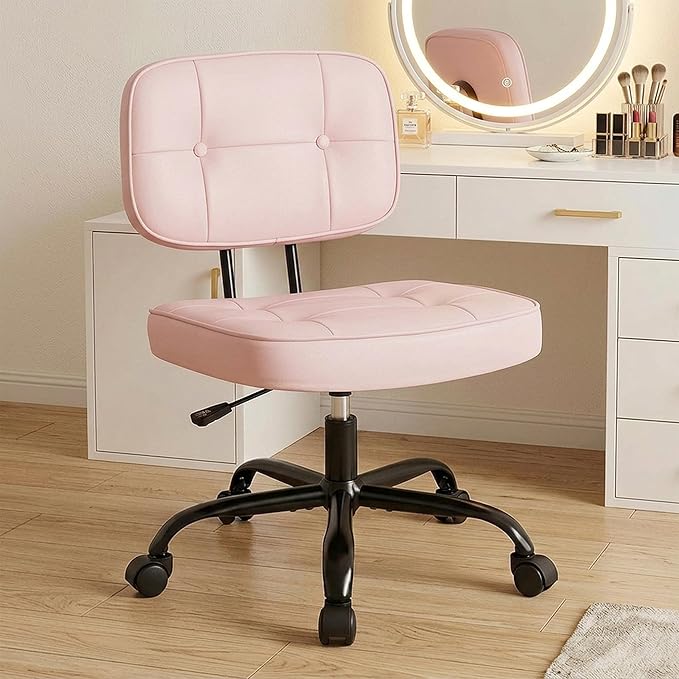 DUMOS Home Office Desk Chair - Ergonomic Armless PU Leather Computer Rolling Task Chair，with Comfy Lumbar Support and Height Adjustable, Vanity, Bedroom, Pink