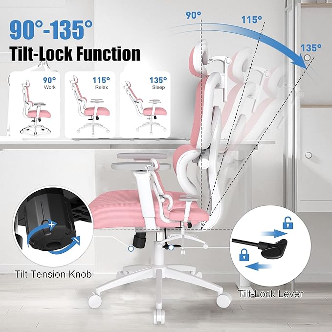 Ergonomic Office Chair with Adjustable Lumbar Support, 3D Arms and Headrest, High Back Wide Desk Computer Chair with Wheels, for Home & Office, Pink
