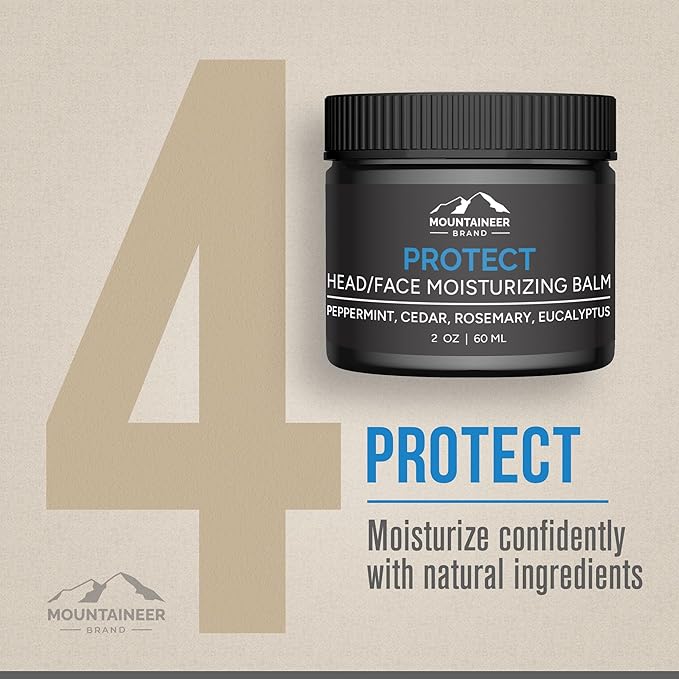 Mountaineer Brand Bald Head Care Gifts For Bald Men | All Natural 4 Step Daily Skin Care for Healthy Scalp & Face | Exfoliate Scrub | Cleanse Wash | Shine Away PH Balance | Protect Moisturizing Balm