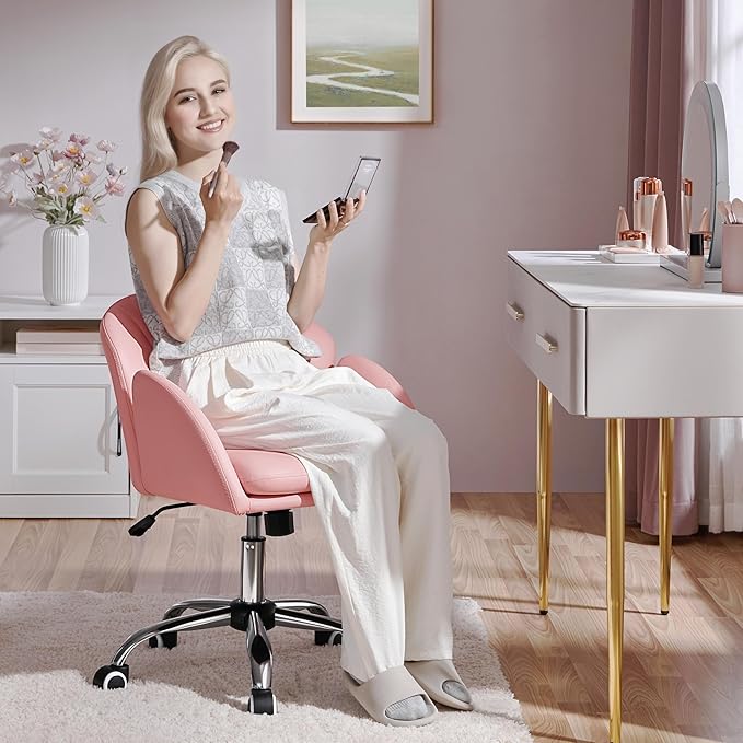 Yaheetech Cute Petal Desk Chair Home Office Chair Swivel Upholstered Leather Desk Chair Makeup Vanity Chair with Armrests for Bedroom Modern Computer Rolling Chair for Women Simple Pink