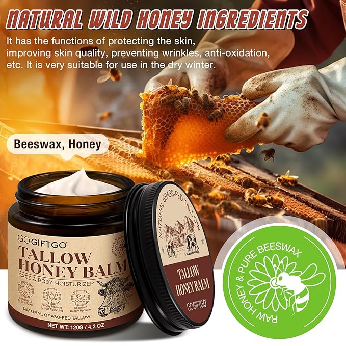 Beef Tallow for Skin,Beef Tallow for Face,Beef Tallow and Honey Balm,Grass Fed Whipped Tallow Honey Balm,Natural Moisturizer Hydrates,Deeply Nourishes the Skin, Enhances Natural Radiance