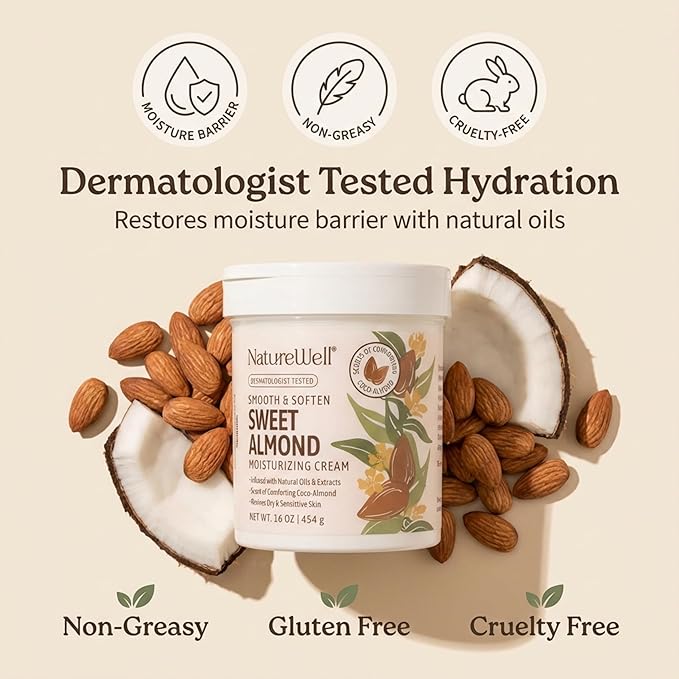 NATURE WELL Sweet Almond Smooth & Soften Gentle Moisturizing Cream For Face, Body, & Hands, Infused With Natural Oils & Extracts, Restores Skin Moisture Barrier, 16 Oz